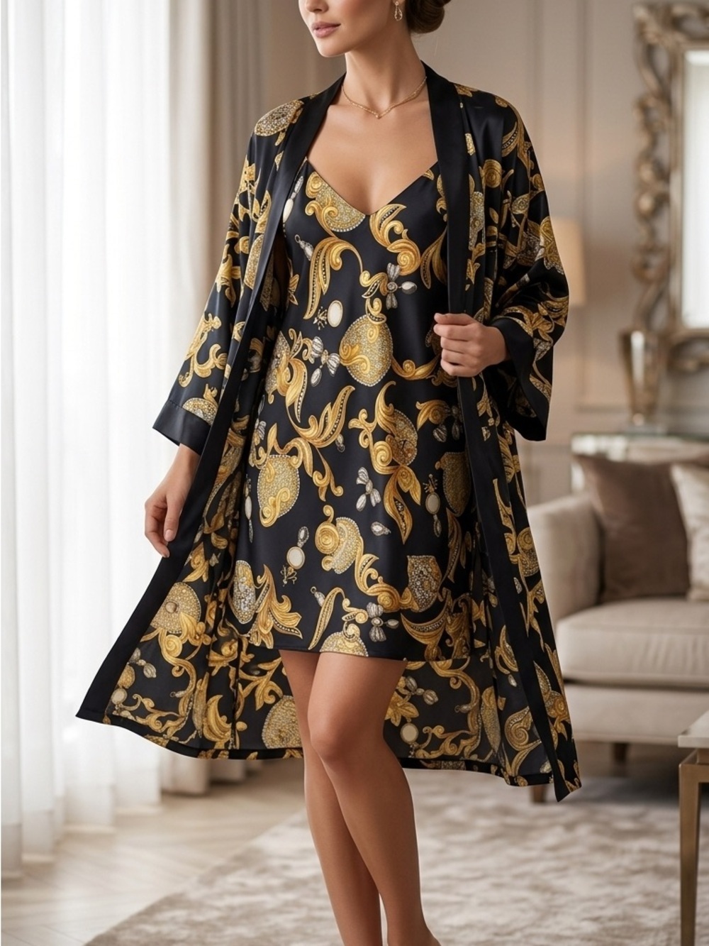 Blue and Gold Paisley Satin Chemise with Matching Robe